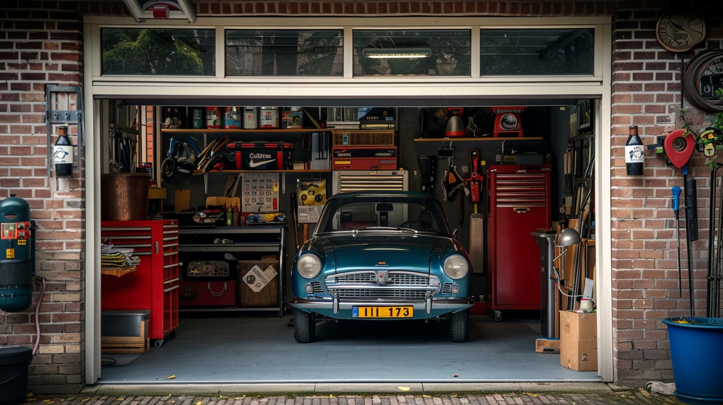 Een stenen garagebox met daarin gereedschap en een blauwe auto.