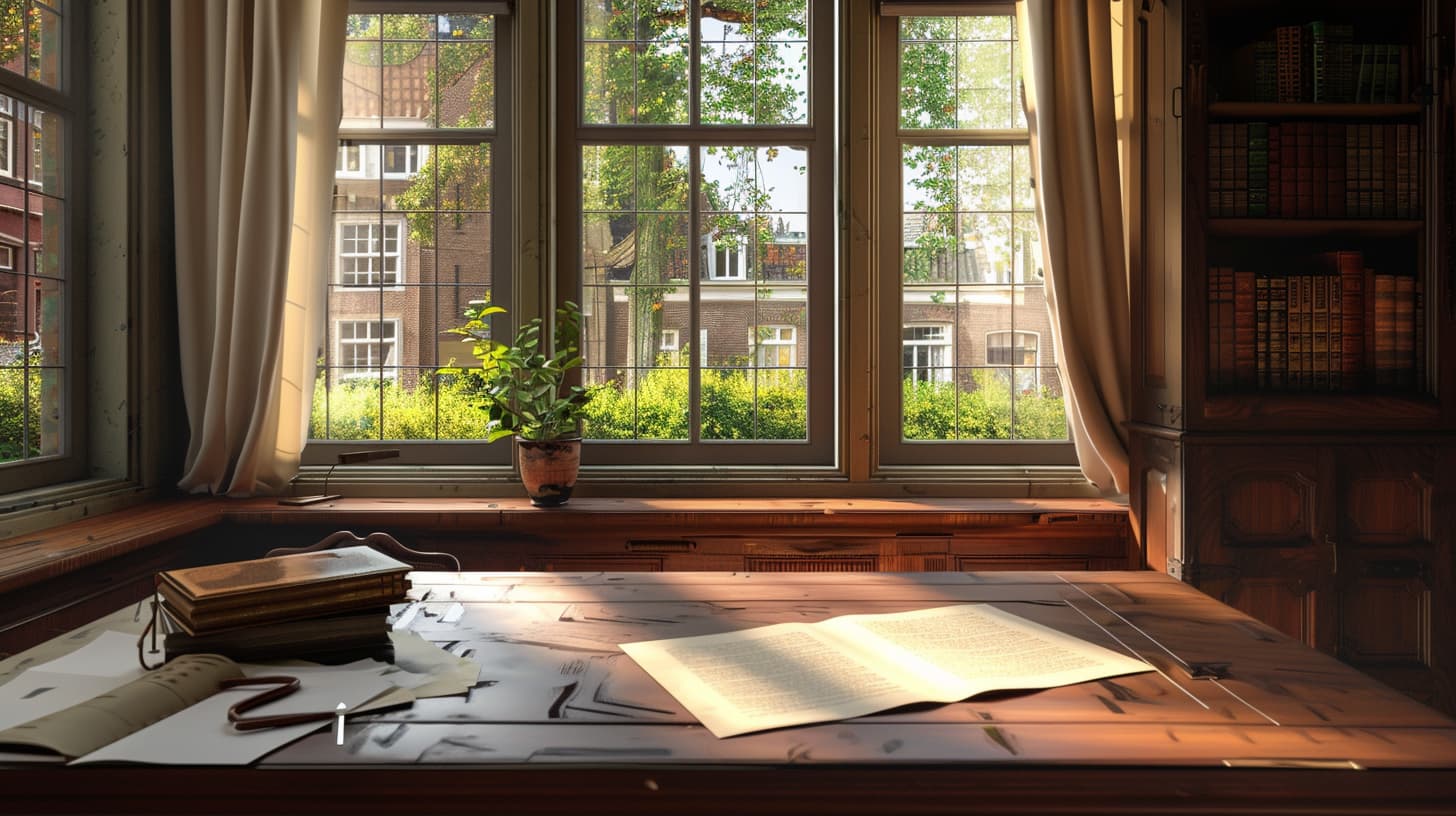 Op het bureau voor een groot raam ligt een garantstellingsovereenkomst klaar. Op het bureau voor een groot raam ligt een garantstellingsovereenkomst klaar.