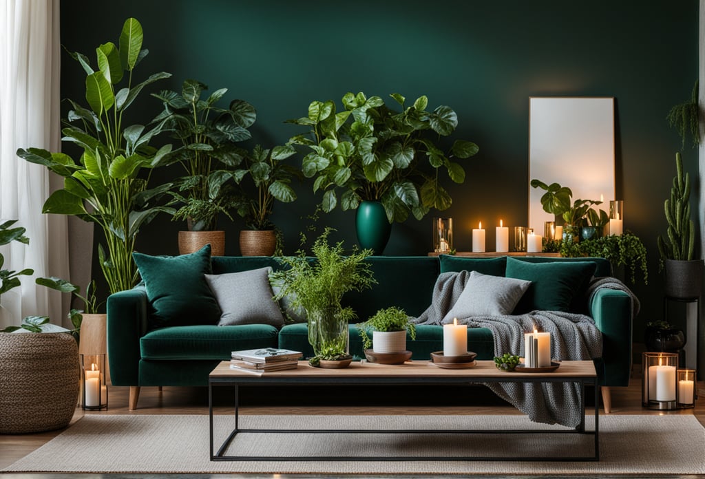 Groene planten in een een woonkamer met groene tinten. Groene planten in een een woonkamer met groene tinten.