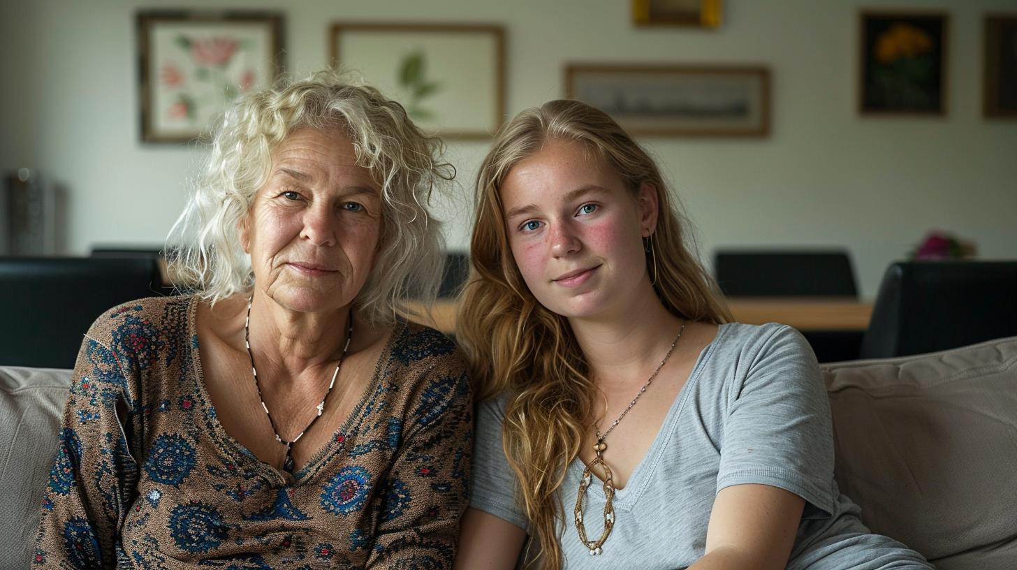 Een hospita zit samen met een jonge studente op de bank. Een hospita zit samen met een jonge studente op de bank.