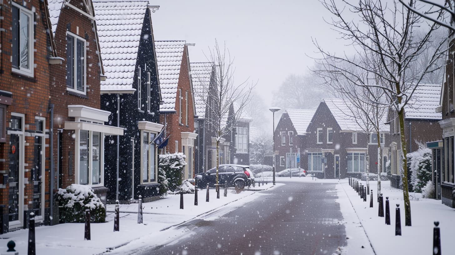 Nederlandse straat met moderne huizen in de winter Nederlandse straat met moderne huizen in de winter