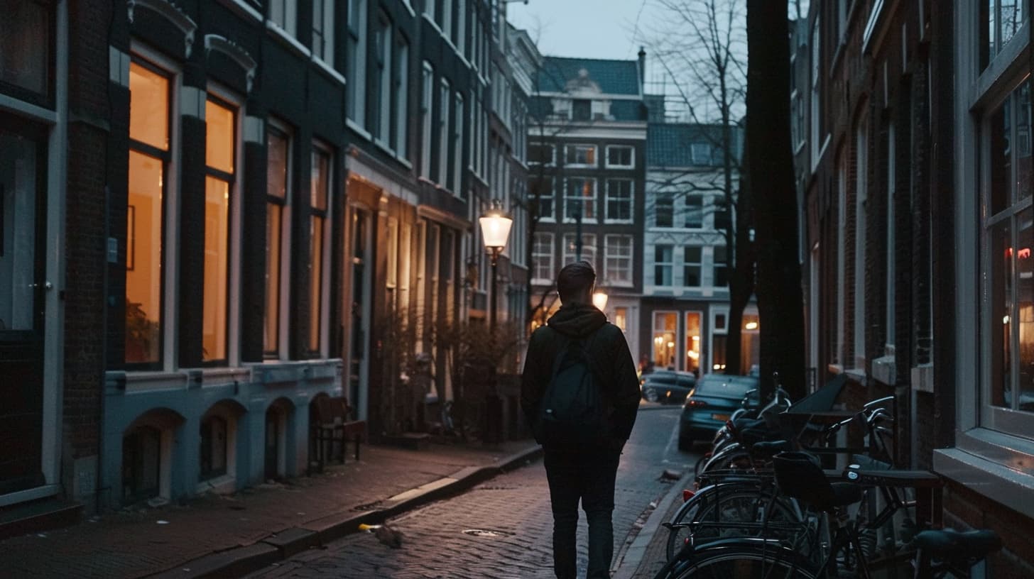 Een huurder staat in de schemering in zijn straat met aan beide kanten rijtjes huizen. Hij staart voor zich uit. Een huurder staat in de schemering in zijn straat met aan beide kanten rijtjes huizen. Hij staart voor zich uit.