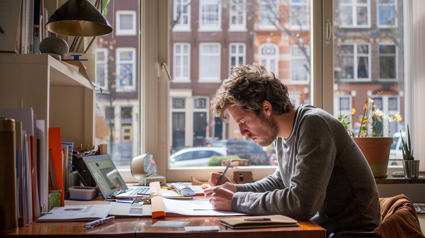 Een huurder is een initiatiefvoorstel aan het schrijven aan zijn bureau met op de achtergrond Nederlandse woningen.