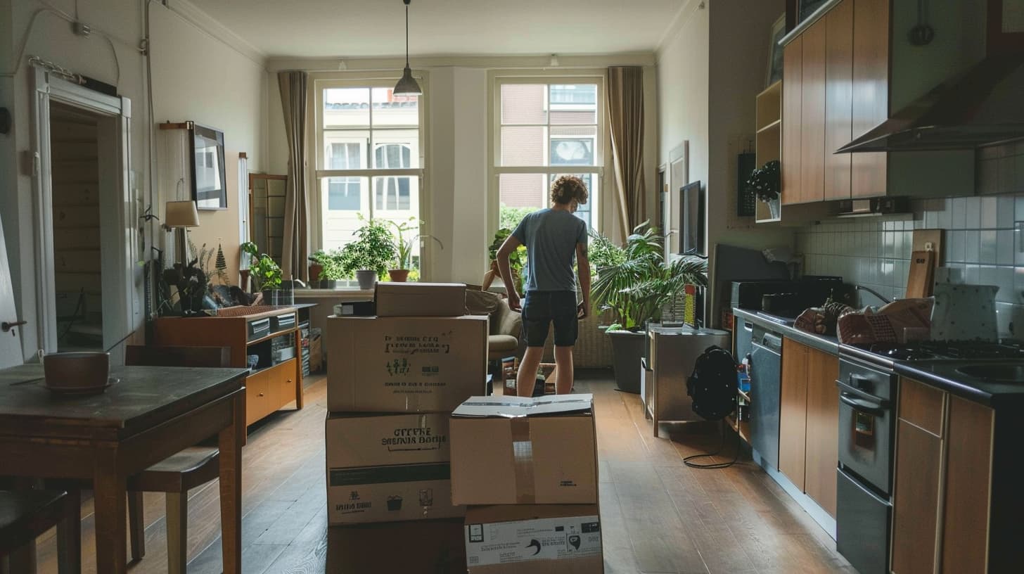 Een mannelijke huurder staat tussen de verhuisdozen. Een mannelijke huurder staat tussen de verhuisdozen.