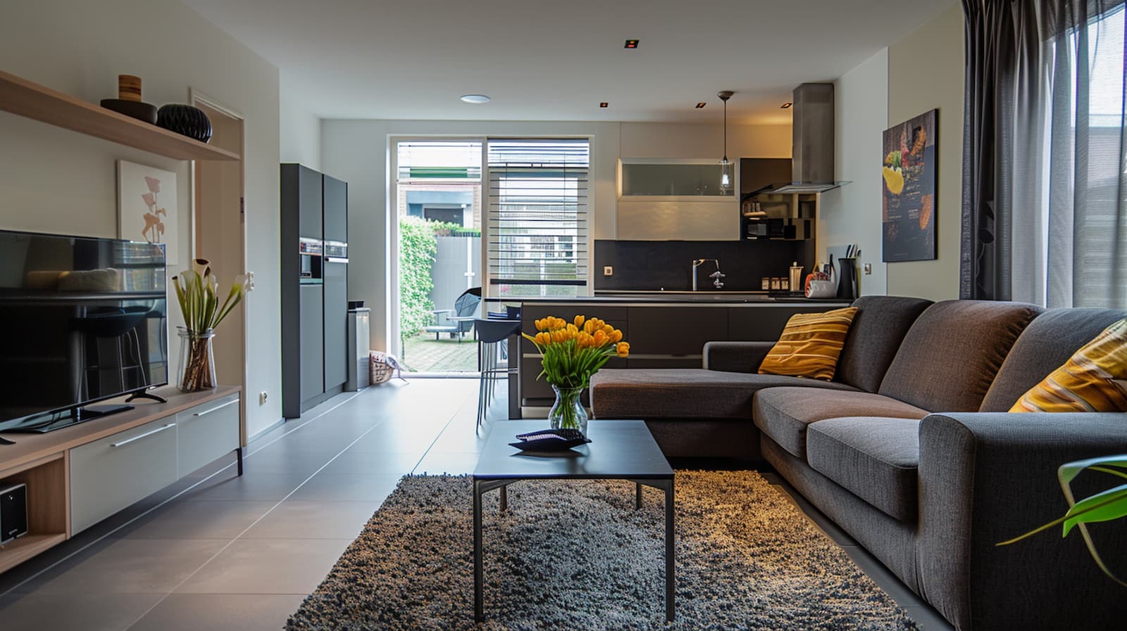 Woonkamer en keuken van een modern ingerichte Nederlandse huurwoning 