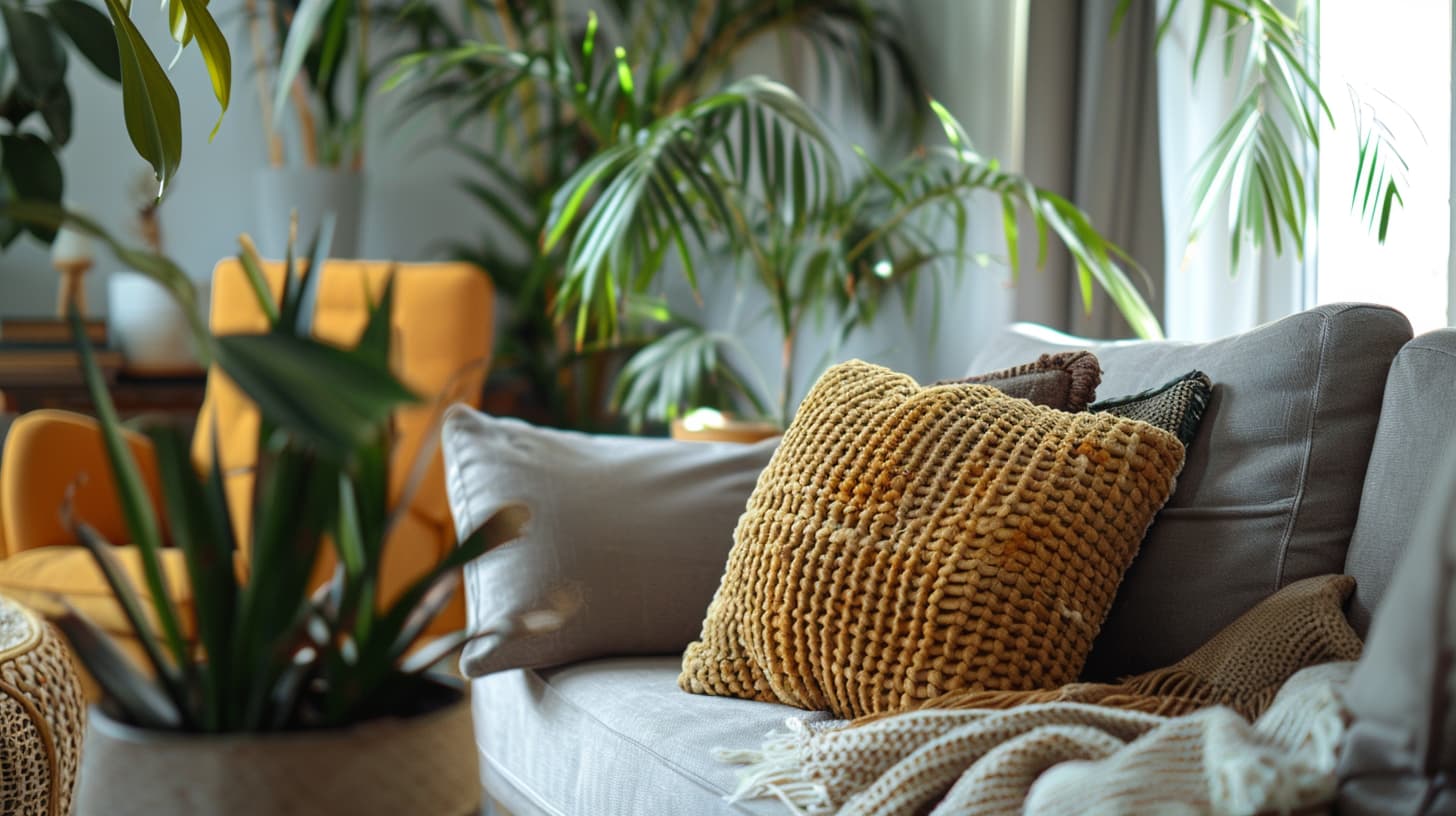 Details zoals een oranje kussen, planten en een dekentje 