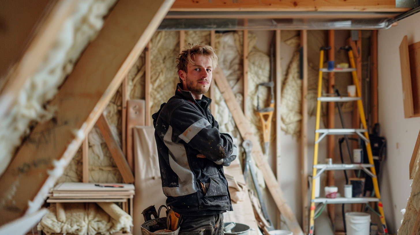 Man is een huis aan het isoleren Man is een huis aan het isoleren