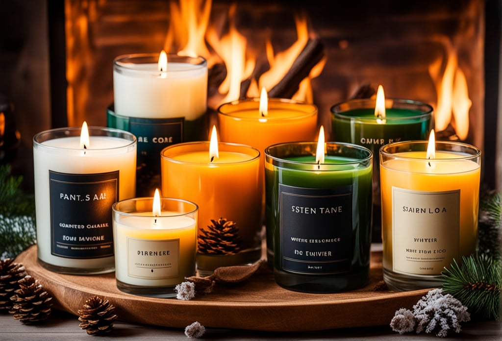 Geurkaarsen die zijn gebruikt in een woonkamer inrichting met andere winterse accessoires bij een open haard. Geurkaarsen die zijn gebruikt in een woonkamer inrichting met andere winterse accessoires bij een open haard.