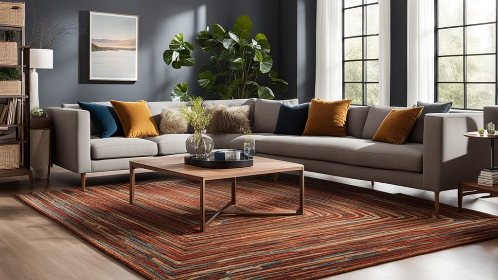 Een vloerkleed in een huurwoning dat deels onder de bank zit, en ook een salontafel omvat. Een vloerkleed in een huurwoning dat deels onder de bank zit, en ook een salontafel omvat.