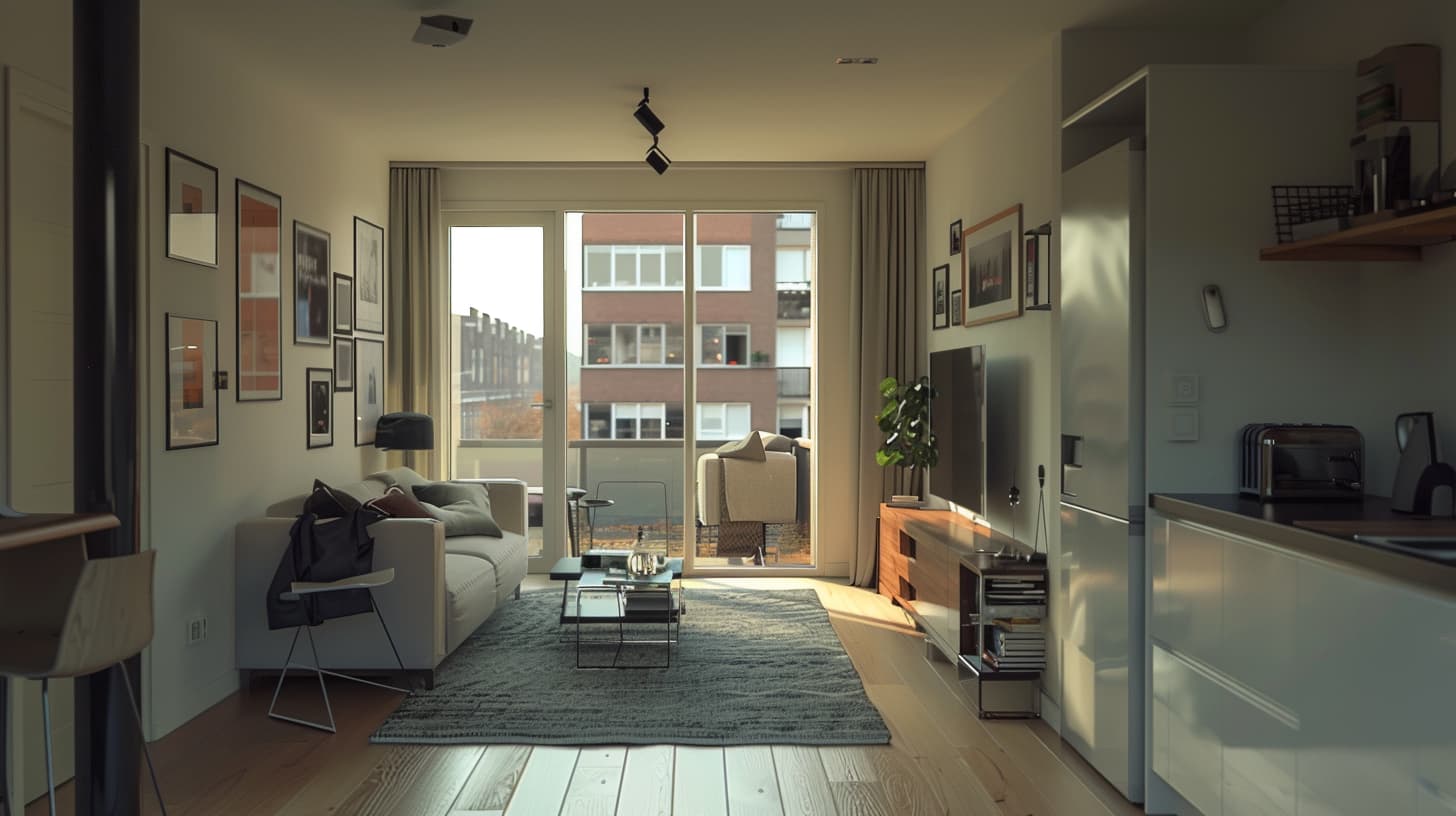 Een kleine ruimte is minimalistisch ingericht met veel wit Een kleine ruimte is minimalistisch ingericht met veel wit