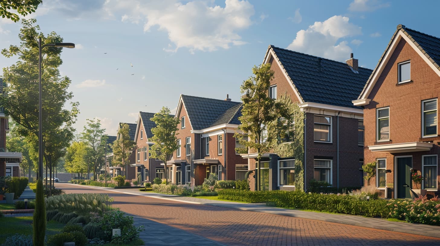 Een straat met mooie koopwoningen met rode stenen en veel groen. Een straat met mooie koopwoningen met rode stenen en veel groen.