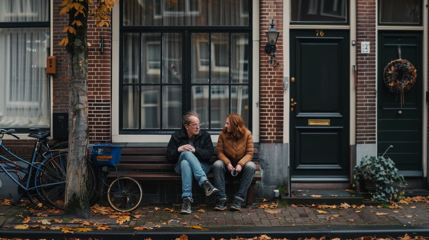 Een man en een vrouw zitten op een bankje buiten voor hun huurwoning Een man en een vrouw zitten op een bankje buiten voor hun huurwoning