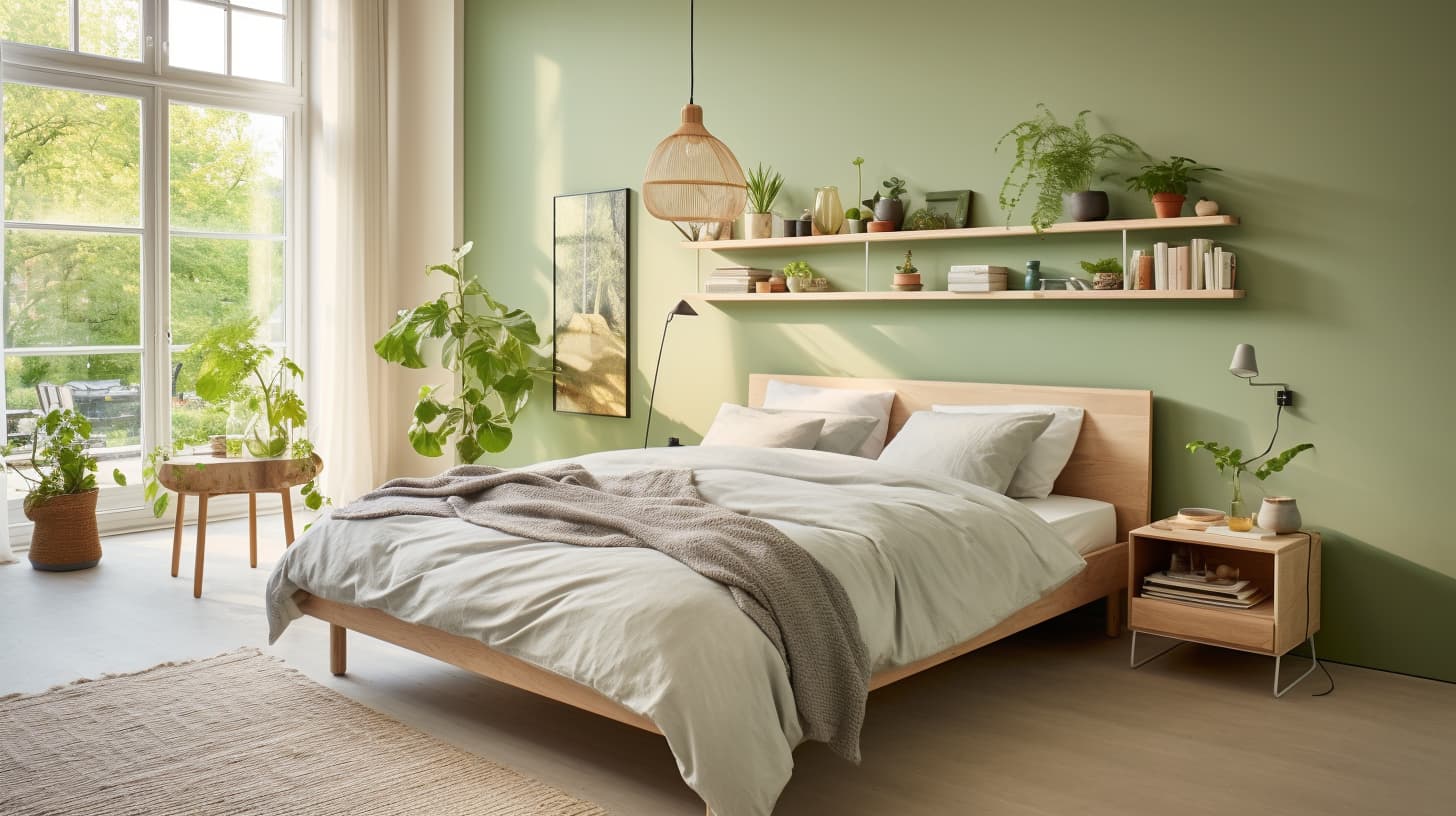 Lichte slaapkamer met licht of mintgroene muur en veel planten. Lichte slaapkamer met licht of mintgroene muur en veel planten.