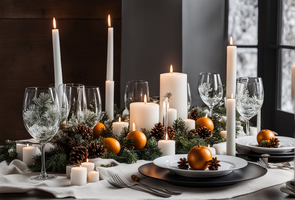 Een eettafel met winterse accessoires waaronder kerstballen in warme goud bronzen kleur, kaarsen, dennenappels en een kerststukje. Een eettafel met winterse accessoires waaronder kerstballen in warme goud bronzen kleur, kaarsen, dennenappels en een kerststukje.
