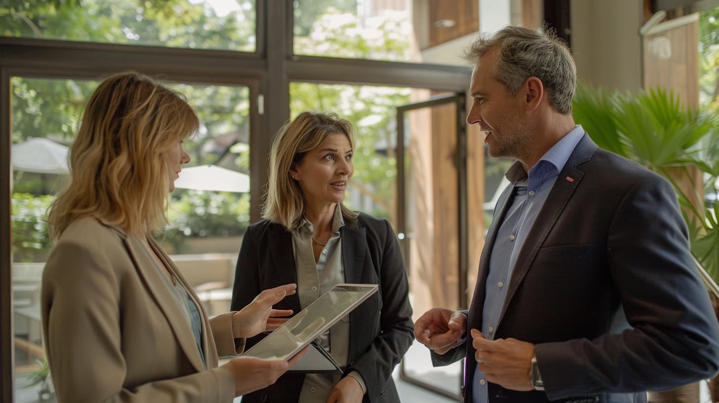 Twee vrouwen praten met een makelaar Twee vrouwen praten met een makelaar