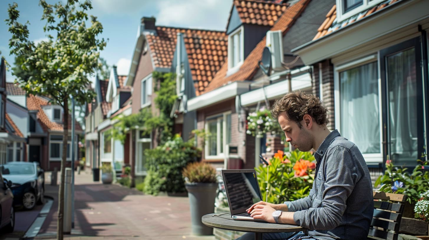 Man zit buiten in de straat zijn verzekering te regelen achter zijn laptop in het zonnetje Man zit buiten in de straat zijn verzekering te regelen achter zijn laptop in het zonnetje