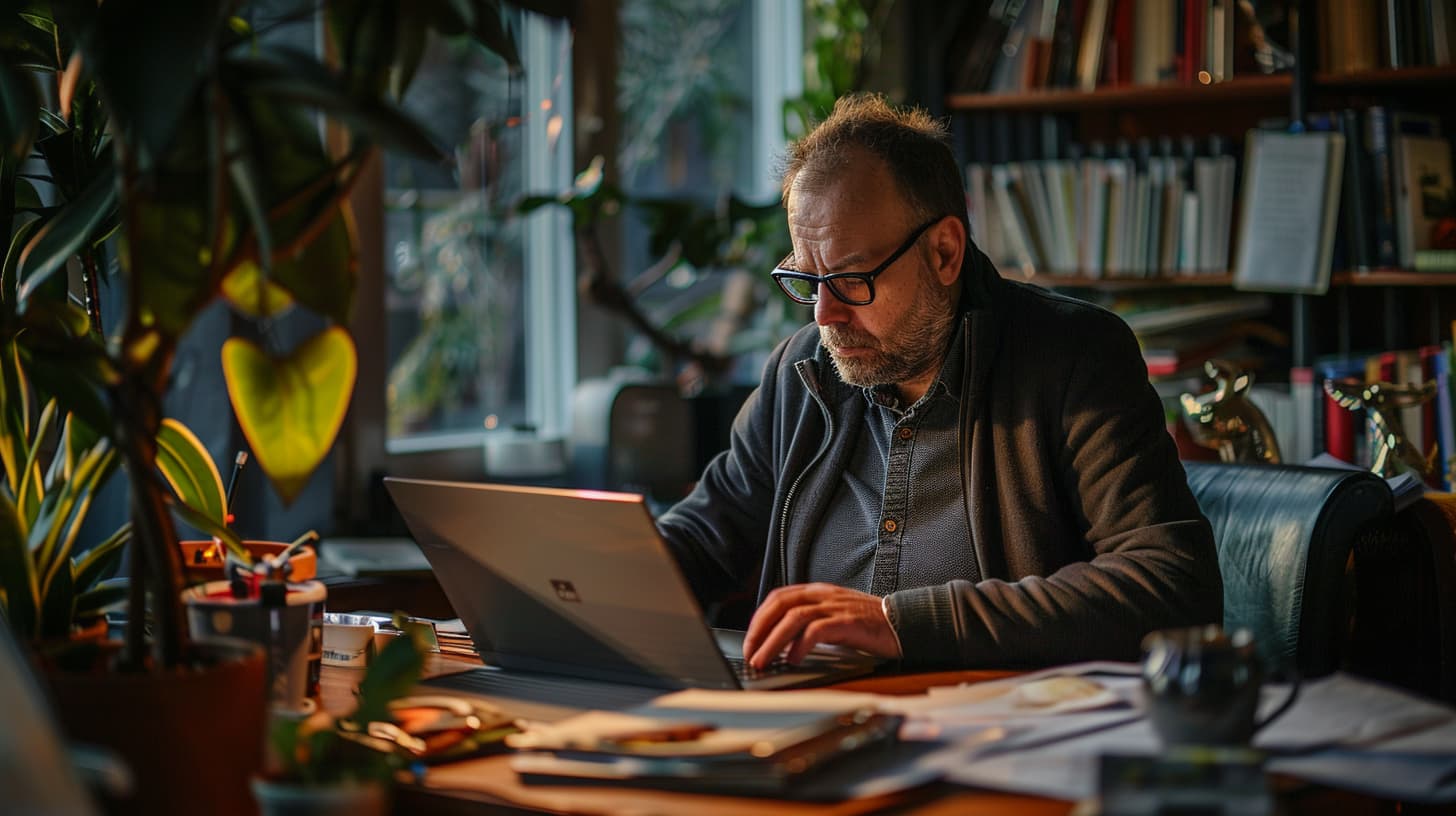 Man met bril regelt zijn verzekering op zijn zilveren laptop Man met bril regelt zijn verzekering op zijn zilveren laptop