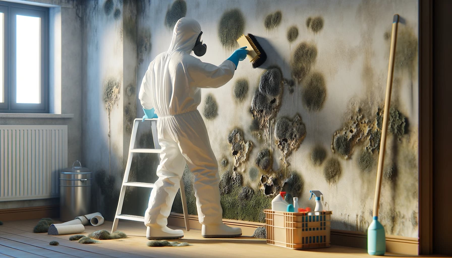 Een man in een witte hasmat suit verwijderd schimmel van een muur. Een man in een witte hasmat suit verwijderd schimmel van een muur.