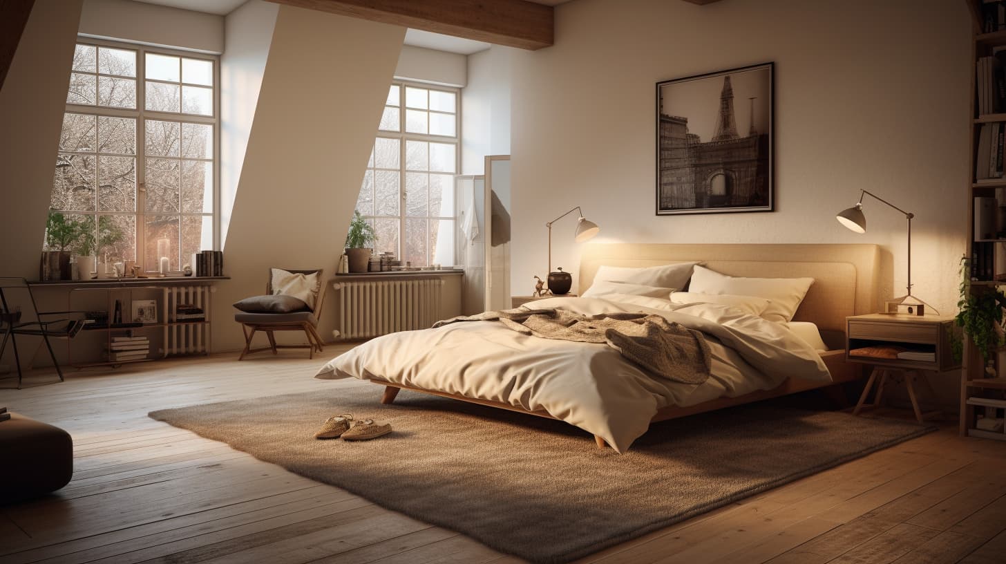Moderne stijl slaapkamer met groot laag bed en veel lichtinval door grote ramen. Moderne stijl slaapkamer met groot laag bed en veel lichtinval door grote ramen.