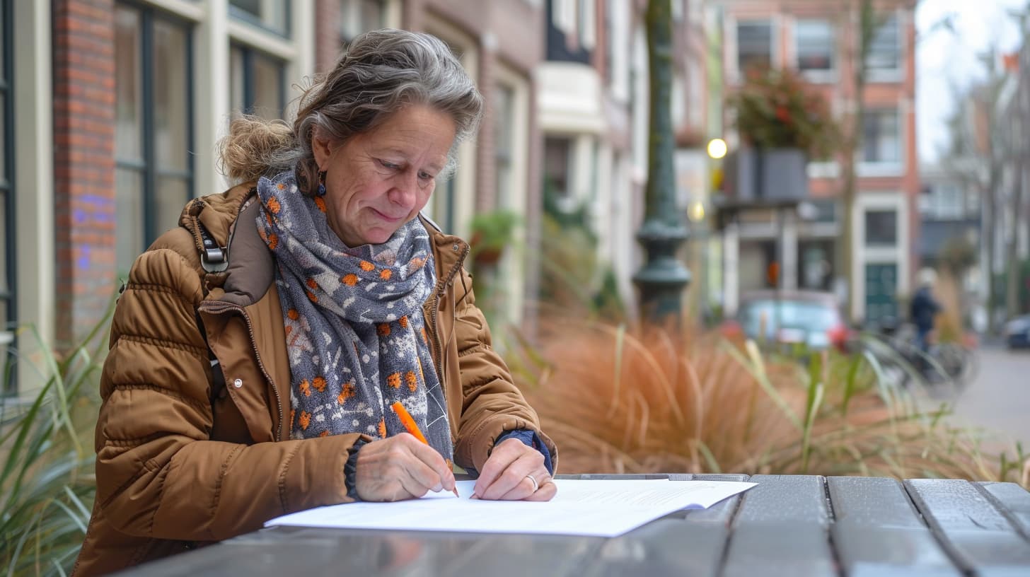 Mevrouw met bruine jas en sjaal tekent een garantstelling aan een tafel buiten in een Nederlandse straat. Mevrouw met bruine jas en sjaal tekent een garantstelling aan een tafel buiten in een Nederlandse straat.