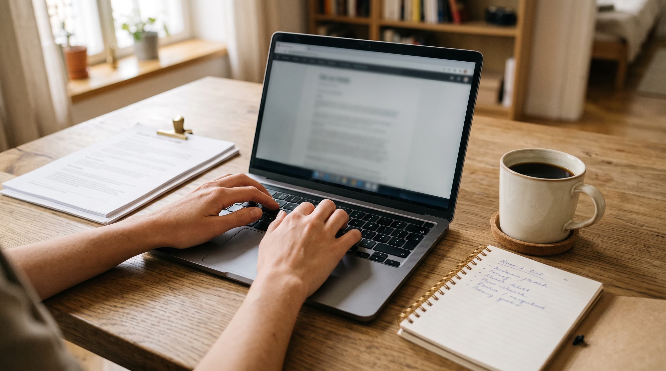 Handen typen op laptop met koffie en documenten klaar voor een reactie