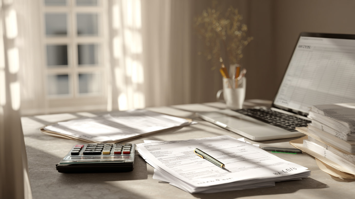 bureau met huurinkomsten, belastingdocumenten en calculator voor rendementsberekening