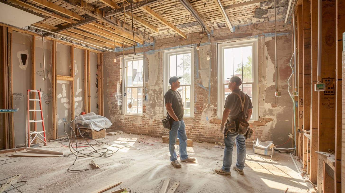 Een renovatie van een huurwoning waar twee mannen met elkaar overleggen Een renovatie van een huurwoning waar twee mannen met elkaar overleggen