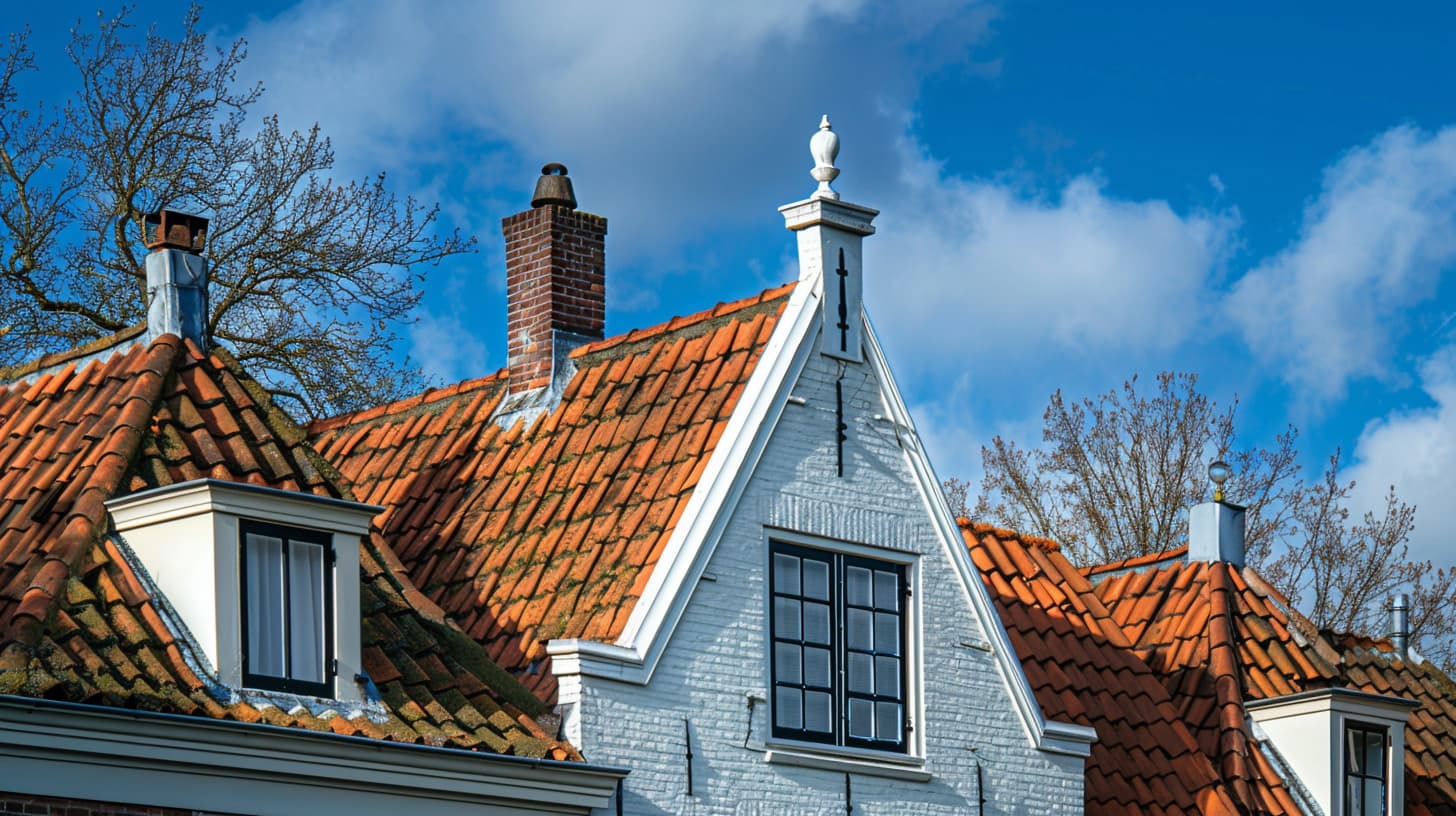 De bovenkant van een wit huis met als dakbedekking rode dakpannen. De bovenkant van een wit huis met als dakbedekking rode dakpannen.