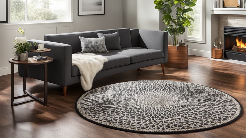 Een rond vloerkleed in een huurwoning dat deels overlapt met een langwerpige bank voor een speels effect. Een rond vloerkleed in een huurwoning dat deels overlapt met een langwerpige bank voor een speels effect.