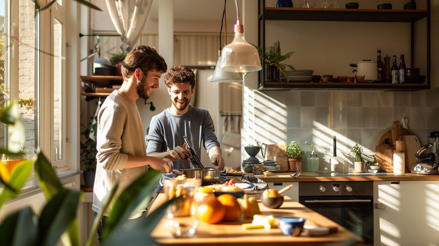 Twee vrienden wonen samen en zijn aan het koken. Twee vrienden wonen samen en zijn aan het koken.