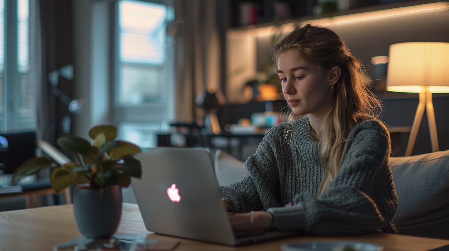 Jongevrouw zoekt uit hoe het zit met samenwonen en toeslagen op haar laptop Jongevrouw zoekt uit hoe het zit met samenwonen en toeslagen op haar laptop