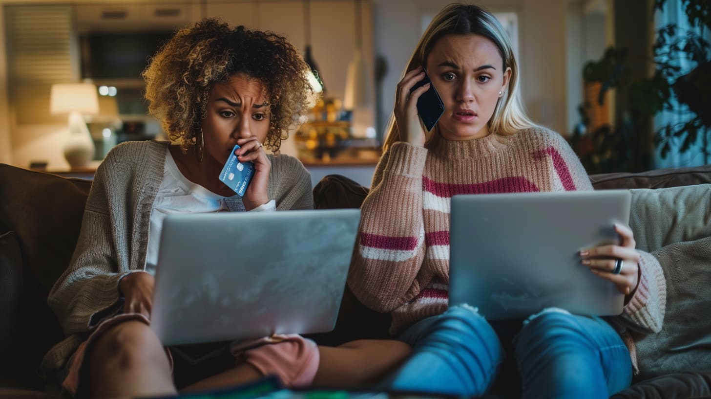 Twee vrouwen kijken geschrokken naar hun laptop nadat ze zijn opgelicht Twee vrouwen kijken geschrokken naar hun laptop nadat ze zijn opgelicht