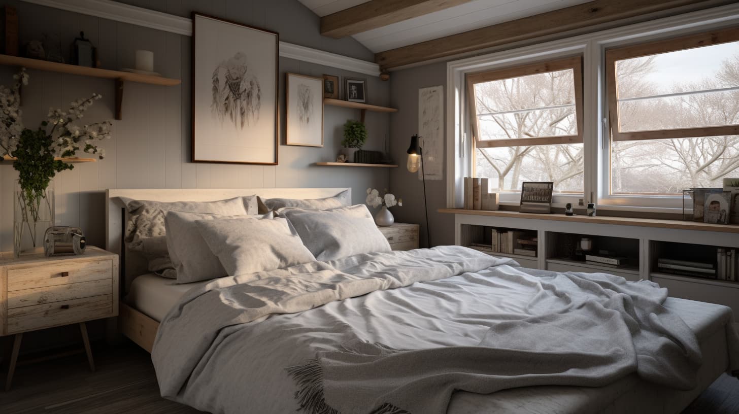 Scandinavische slaapkamer in neutrale kleuren met veel wit en hout. Scandinavische slaapkamer in neutrale kleuren met veel wit en hout.