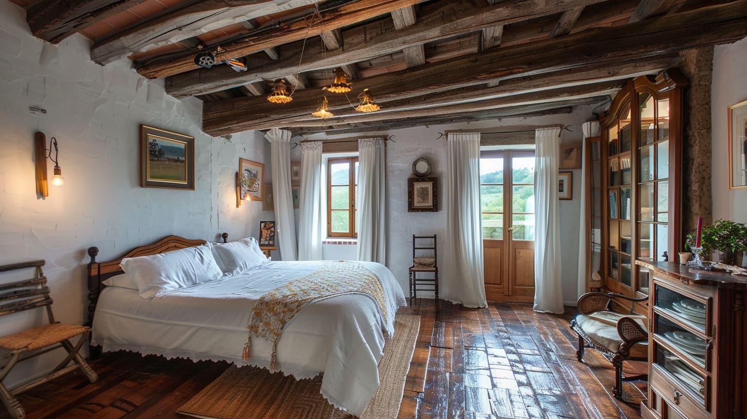 Landelijke slaapkamer met veel hout