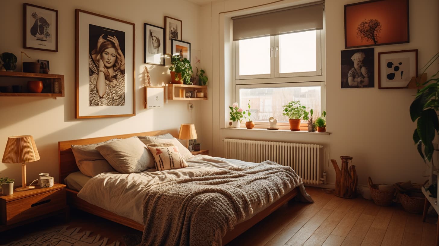 slaapkamer met verschillende foto's en persoonlijk accenten in een creme kleur. slaapkamer met verschillende foto's en persoonlijk accenten in een creme kleur.