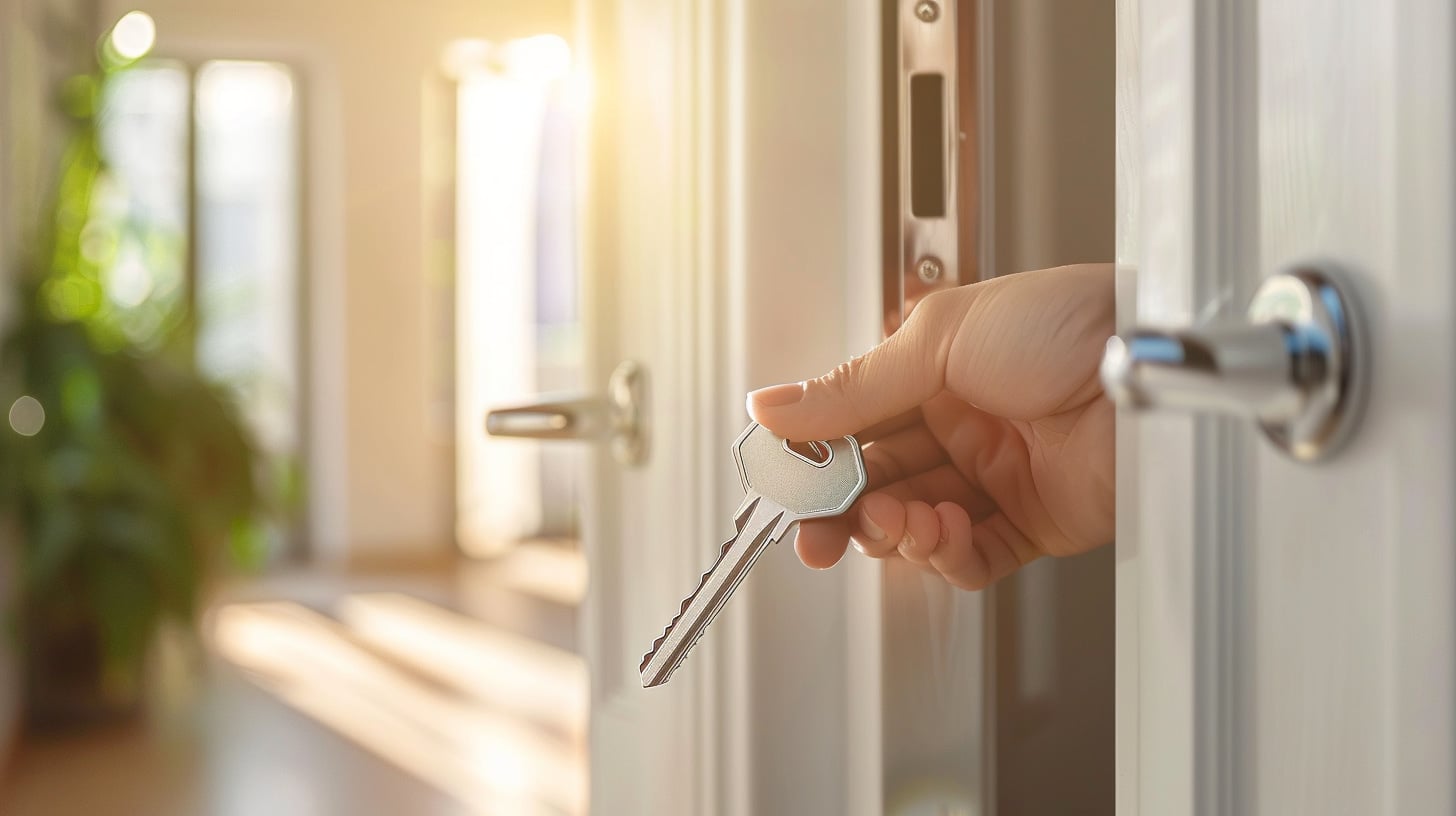 Hand steekt sleutel in het slot van de voordeur van een nieuwe woning.