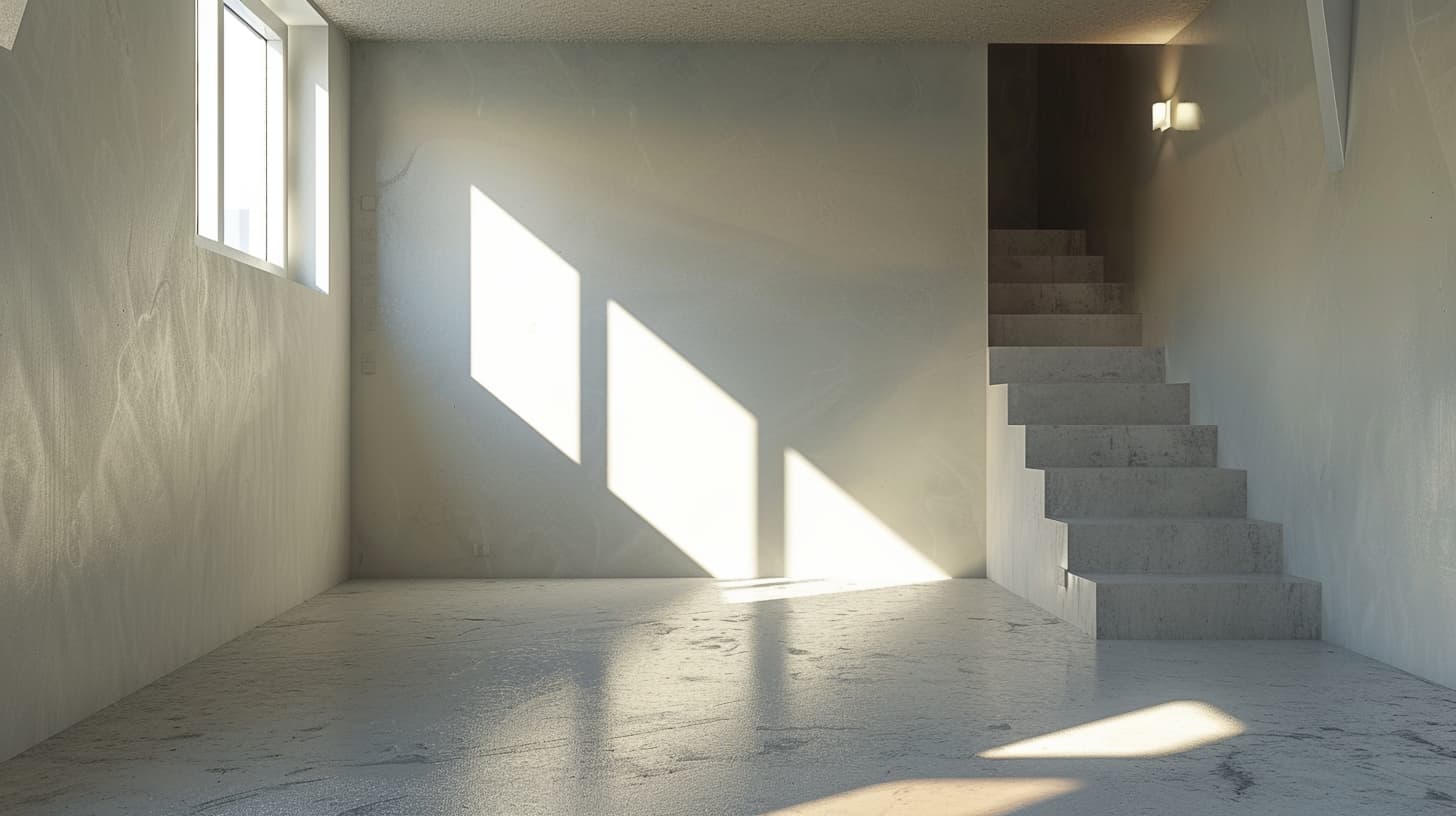 Een souterrain die leeg en kaal is met een hoog raam waar veel dicht doorheen komt.
