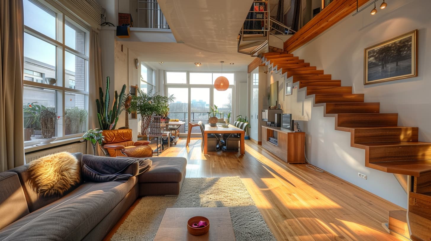 De binnenkant van een split-level woning met op de eerste verdieping een zitgedeelte, eethoek en een houtentrap naar boven