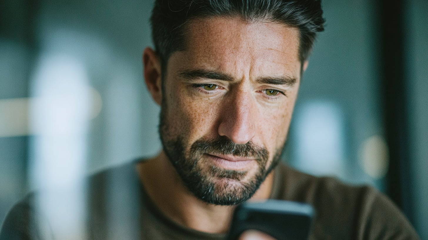 Man zoekt geconcentreerd naar huurwoningen op zijn smartphone.