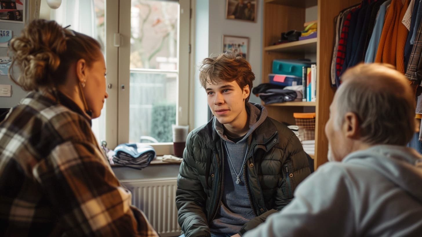 Een student zit samen met zijn ouders in zijn rommelige studentenkamer. Een student zit samen met zijn ouders in zijn rommelige studentenkamer.
