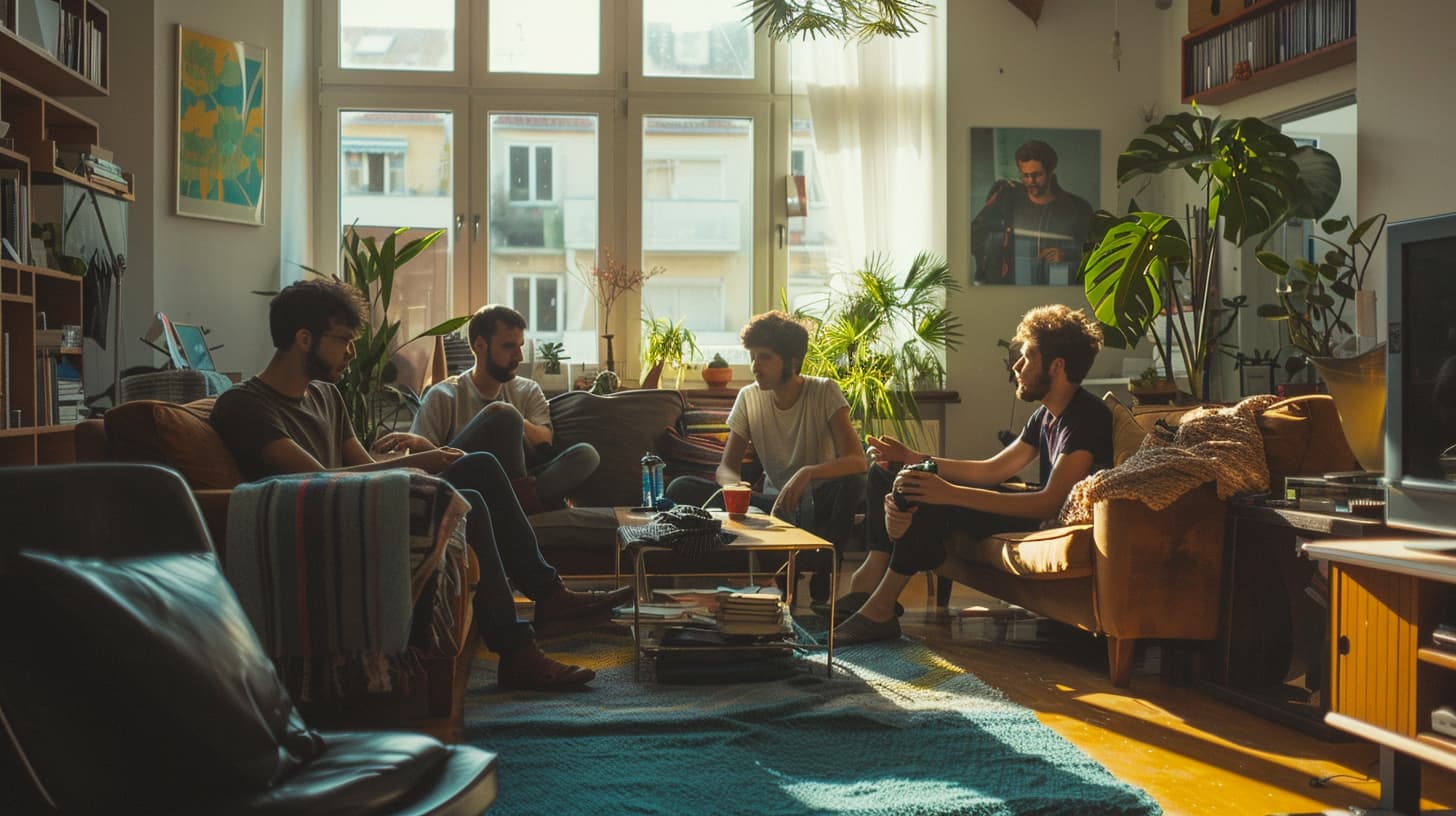 Een studentenhuis met 4 mannelijke huisgenoten die aan het chillen zijn in de gemeenschappelijke woonkamer.