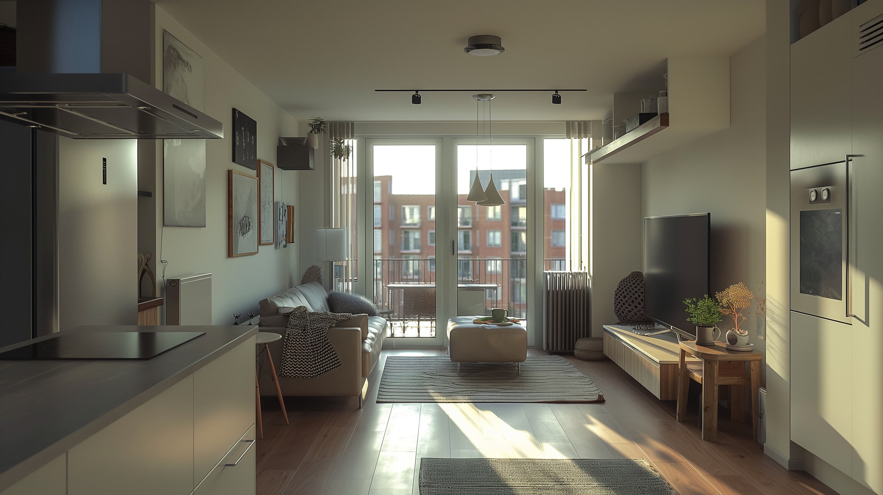 Een strakke lichte studio met veel wit, modern interieur en grote ramen.