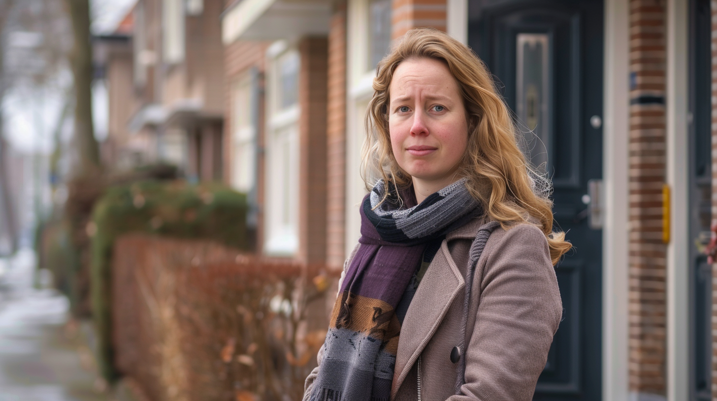 Een vrouw staat voor een woning Een vrouw staat voor een woning