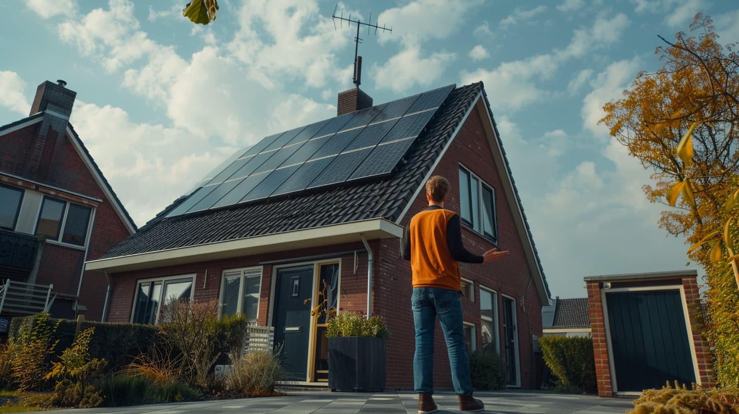 Een huurder staat voor zijn huurwoning met zonnepanelen. Hij moet 100 euro aan terugleverkosten betalen.