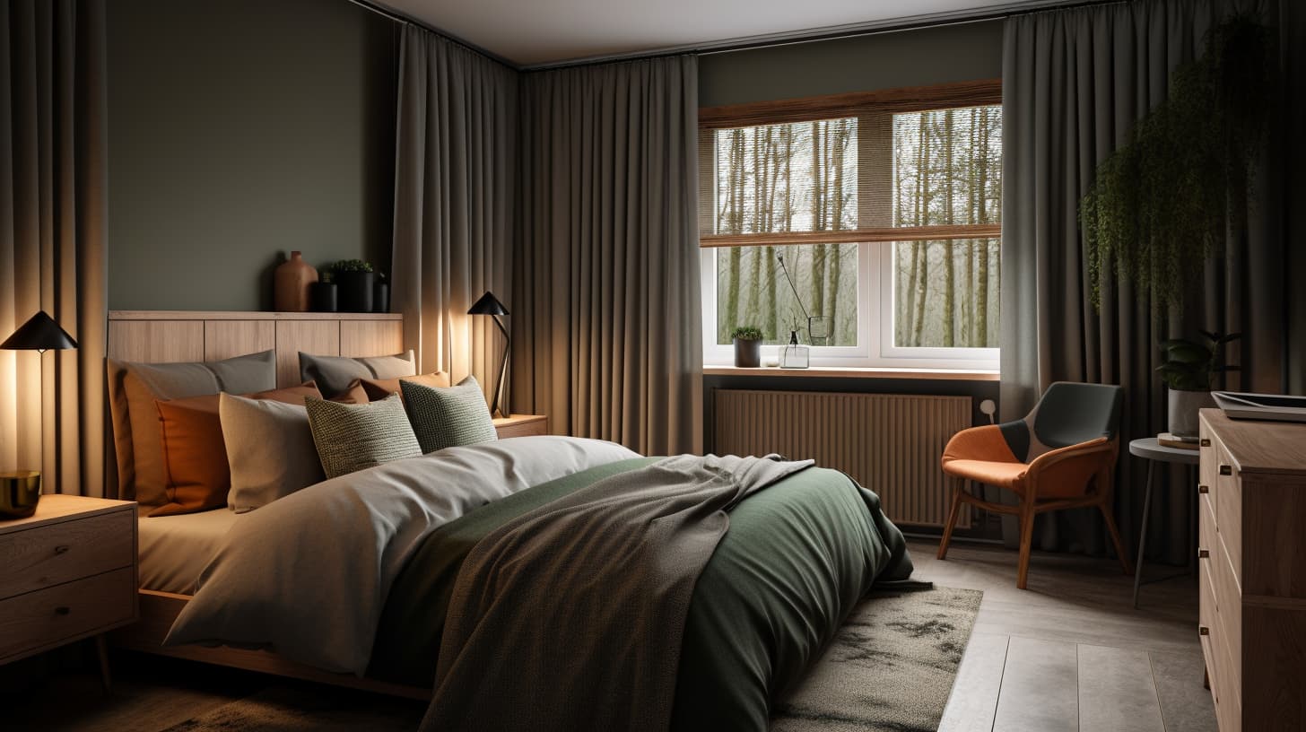 Slaapkamer met verduisterende gordijnen en een landelijke stijl. Slaapkamer met verduisterende gordijnen en een landelijke stijl.