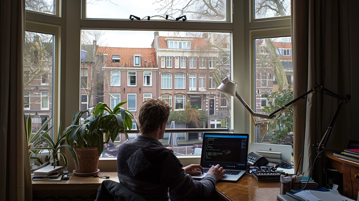 Een Nederlandse huiseigenaar vraagt vergunning aan op zijn laptop met uitzicht op Nederlandse huizen Een Nederlandse huiseigenaar vraagt vergunning aan op zijn laptop met uitzicht op Nederlandse huizen