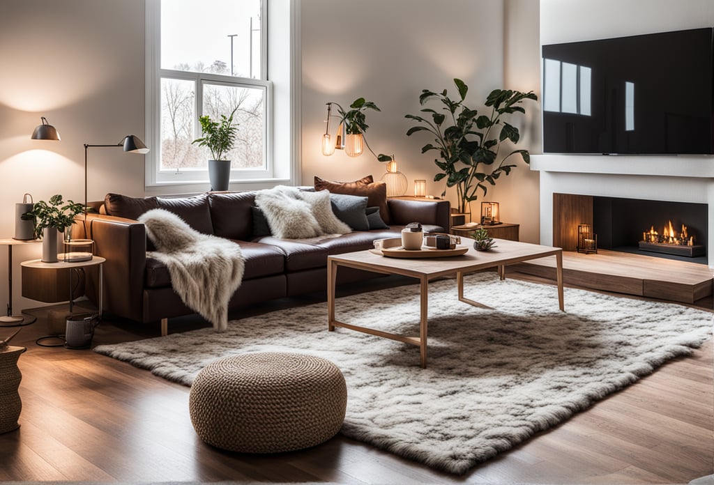 Een wollig vloerkleed in een woonkamer met een warme sfeer, open haard, planten en zacht sfeerlicht. Een wollig vloerkleed in een woonkamer met een warme sfeer, open haard, planten en zacht sfeerlicht.
