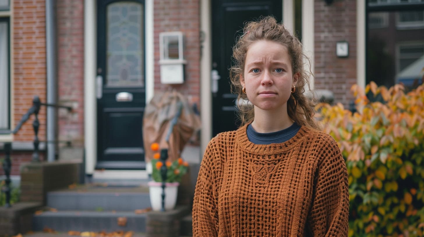 Een huurder met oranje trui staat te wachten voor haar woning
