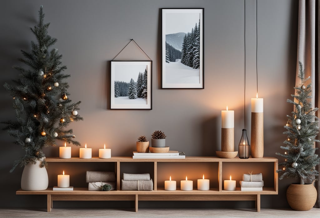 Kaarsen in een winters en warm interieur met twee kerstbomen op de achtergrond. Kaarsen in een winters en warm interieur met twee kerstbomen op de achtergrond.